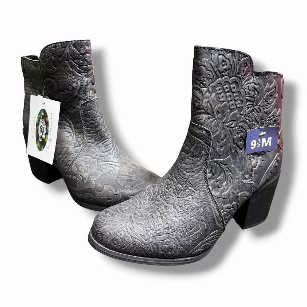 Sterling River Gray Embossed Floral Leather Western Women Ankle Boots 9.5m